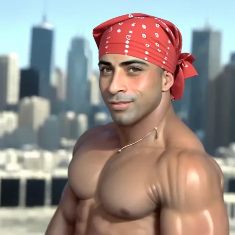 4K, Masterpiece, Ricardo, topless, Ricardo,and dancing, <lora:ricardo:0.9>, high resolution, high skin quality, shiny skin, oily skin, tan skin, ricardo in the city, face ultra closeup, face details, red bandana on the head