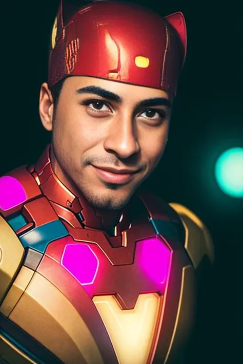 4K, Masterpiece, Ricardo, Ricardo,and dancing, in (ironman suit),high resolution, high skin quality, shiny skin, oily skin, tan skin, ricardo in the city, face ultra closeup, face details, red bandana on the head, cyberpunk 2077, (neon lights in the city background:1.1), glowing colors, looking at viewer, naughty smile, symmetric, centered, closeup, masculine, athletic,, glowsticks, disco, gold outline, , in (ironman suit)<lora:ricardoMilos_v10:0.7>