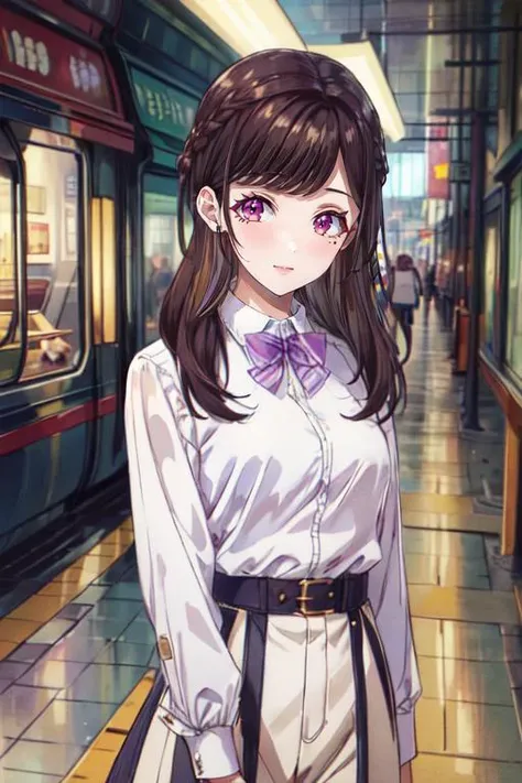 (best quality:1.1), (masterpiece:1.4), illustration, 1girl, solo, looking at viewer, , depth of field, ligne claire, , <lora:maria_kurose:1>, maria_kurose, brown hair, purple eyes, long hair, braid, white shirt, , , , bowtie, panda costume, ,