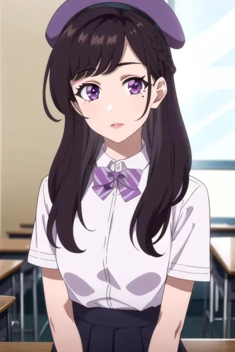 (best quality:1.1), (masterpiece:1.4), , 1girl, solo, looking at viewer, upper body, depth of field, ligne claire, , <lora:maria_kurose:0.96>, maria_kurose, brown hair, purple eyes, long hair, braid, white shirt, , school uniform, , bowtie, sleepwear, pillbox hat, grimdark,
