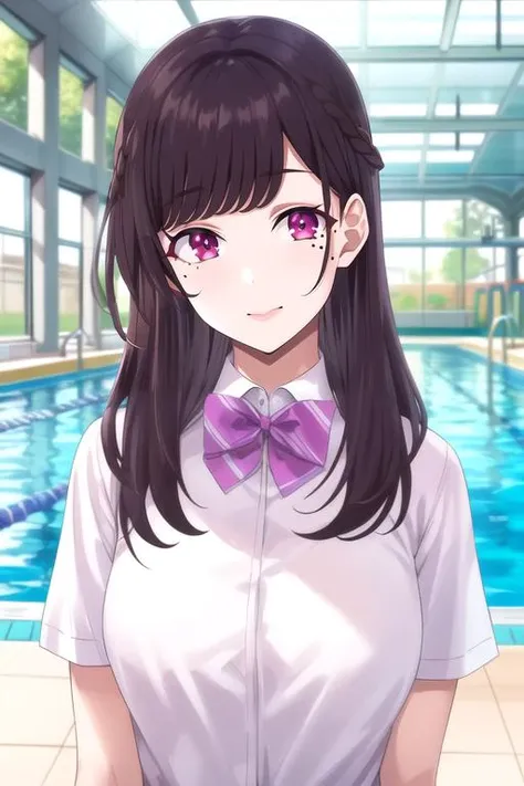 (best quality:1.1), (masterpiece:1.4), photorealistic, 1girl, solo, , upper body, , ligne claire, realistic, <lora:maria_kurose:1>, maria_kurose, brown hair, purple eyes, , , white shirt, bow, , mole under eye, bowtie, , swimming pool,