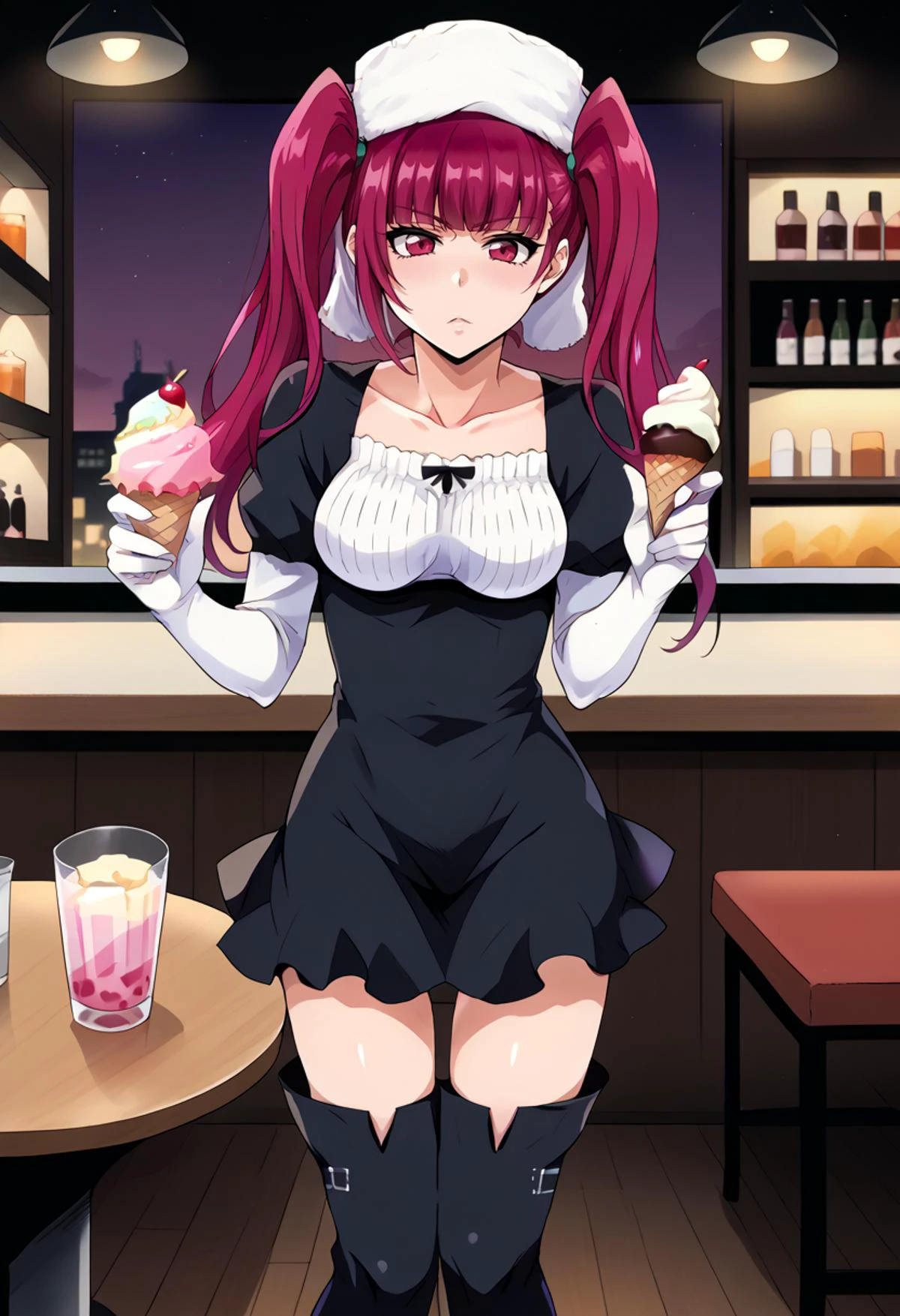 score_9, score_7_up, source_anime, BREAK solo, <lora:RirukaDokugamine:1> RirukaDokugamine, 1girl, magenta eyes, magenta hair, twintails, long hair, fur hat, dress, white gloves, zettai ryouiki, thighhighs, black footwear, thigh boots, black dress, <lora:Inariya_Inari_Assorted_Doujin_Artstyle_Blend_PonyXL:1> tall glass, cafe, ice cream,