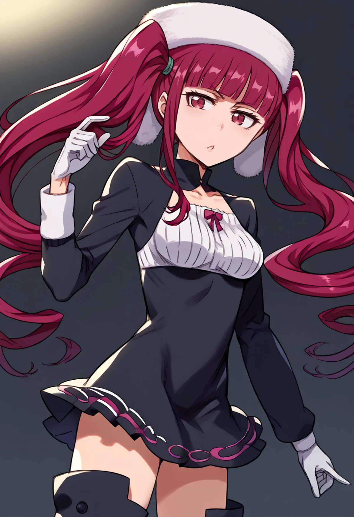 score_9, score_7_up, source_anime, BREAK solo, <lora:RirukaDokugamine:1> RirukaDokugamine, 1girl, magenta eyes, magenta hair, twintails, long hair, fur hat, dress, white gloves, zettai ryouiki, thighhighs, black footwear, thigh boots, hand up, arched back, hair flip, <lora:kuroboshi_kouhaku_PonyXL_style_v01:1>