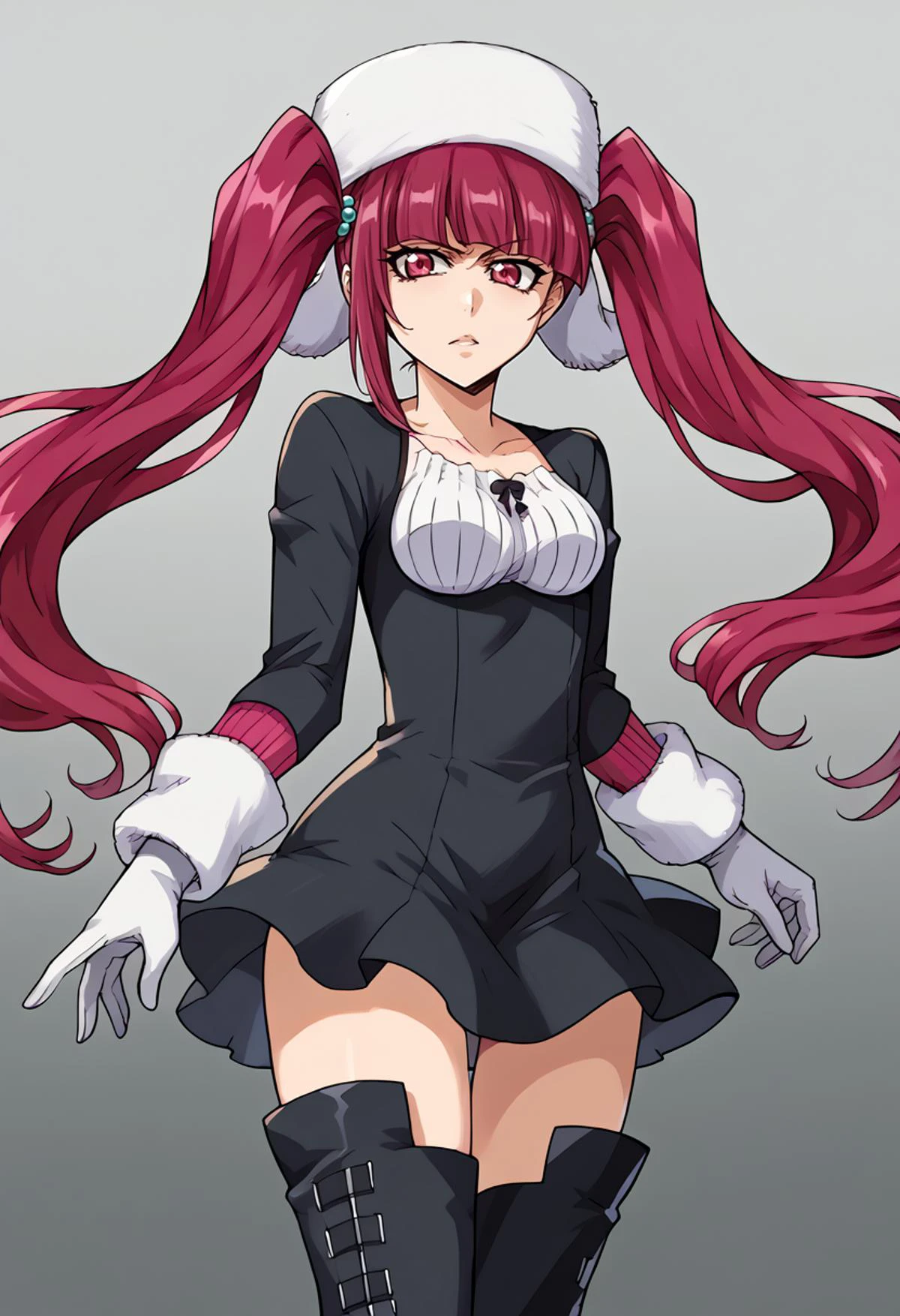 score_9, score_7_up, source_anime, BREAK solo, <lora:RirukaDokugamine:1> RirukaDokugamine, 1girl, magenta eyes, magenta hair, twintails, long hair, fur hat, dress, white gloves, zettai ryouiki, thighhighs, black footwear, thigh boots, <lora:Tonami_Kanji_Style_Pony_XL:0.9>