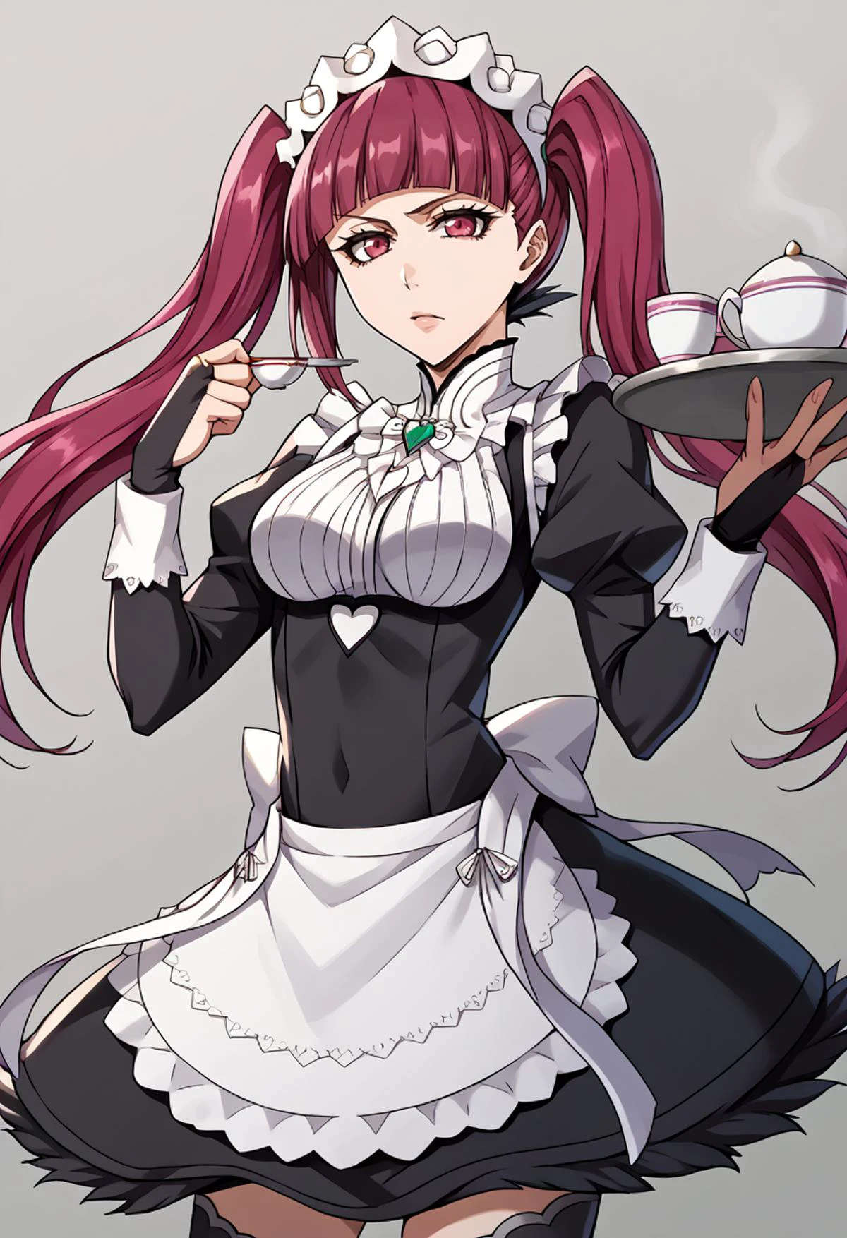score_9, score_7_up, source_anime, BREAK solo, <lora:RirukaDokugamine:1> RirukaDokugamine, 1girl, magenta eyes, magenta hair, twintails, long hair, <lora:fatesmaid-fe-richy-v1_pdxl:0.8> fates maid, maid headdress, maid apron, bridal gauntlets, black thighhighs, hand on own hip, hand up, tray, tea set,