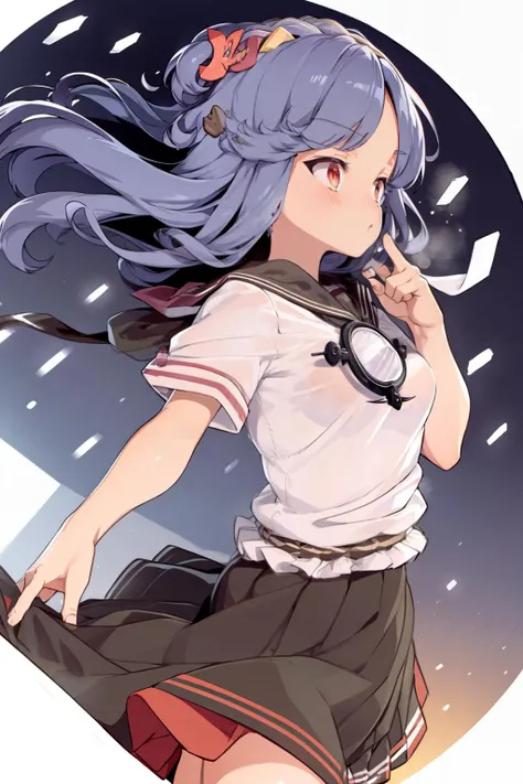 masterpiece, best quality, <lora:kanakoyasaka:1>,1girl, purple hair, red eyes, hair ornament, (school uniform:1.4),short sleeves, mirror, <lora:style04:1>