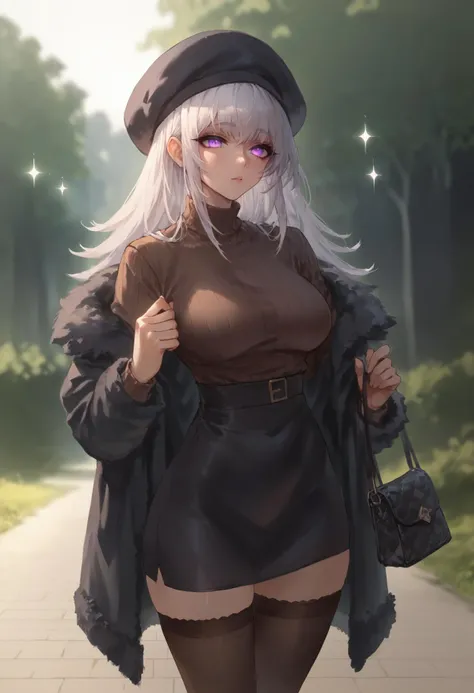 zPDXL, hi res, outside, park, soft lighting, sparkles
BREAK 1girl, syndranormal, white hair, glowing eyes, purple eyes, casual clothing, cozy, hat, fur coat, turtleneck sweater, skirt, stockings, handbag
<lora:scoreSlider_ponyXL_v10:1> <lora:Syndra_ponyXL_v10:0.8> <lora:polki_ponyXL_v10:0.8>