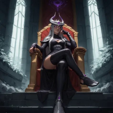 zPDXL, rating_safe, hi res, inside, palace, throne room, purple theme
BREAK 1girl, syndranormal, white hair, glowing eyes, purple eyes, witch_outfit, crown, long_stocking, sitting on throne, dark_sphere, low-angle view, crossed legs, reclining, dominant female, submissive pov
<lora:scoreSlider_ponyXL_v10:1> <lora:Syndra_ponyXL_v10:1> <lora:Guweiz_ponyXL_v10:0.6>