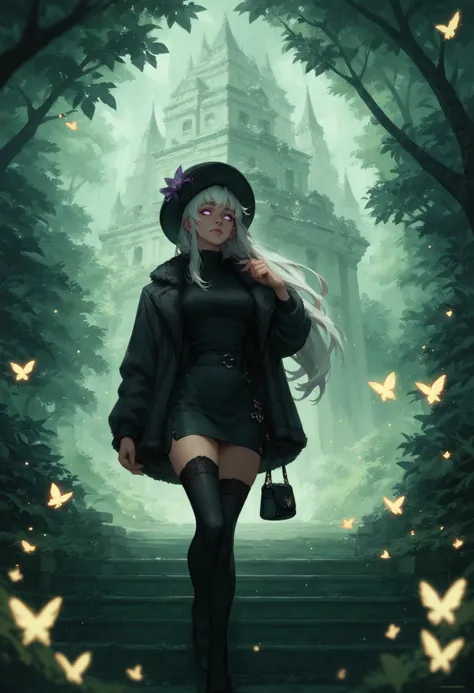 zPDXL, hi res, outside, park, soft lighting, sparkles
BREAK 1girl, syndranormal, white hair, glowing eyes, purple eyes, casual clothing, cozy, hat, fur coat, turtleneck sweater, skirt, stockings, handbag
<lora:scoreSlider_ponyXL_v10:1> <lora:Syndra_ponyXL_v10:1> <lora:Guweiz_ponyXL_v10:0.6>