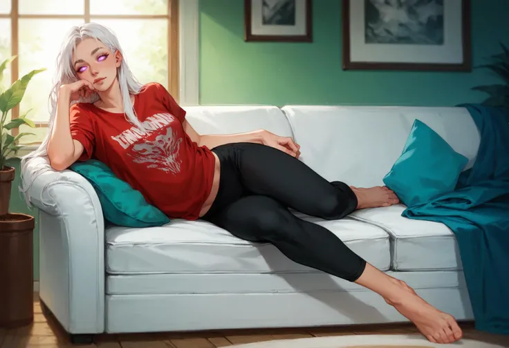 zPDXL, hi res, inside, livingroom
BREAK 1girl, syndranormal, white hair, glowing eyes, purple eyes, casual clothing, cozy, t-shirt, leggings, barefoot, on sofa, relaxing
<lora:scoreSlider_ponyXL_v10:1> <lora:Syndra_ponyXL_v10:1>