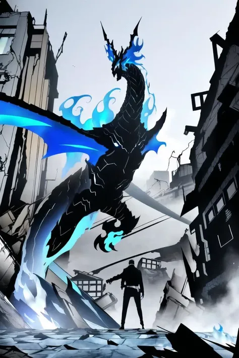 <lora:Solo Levelling v2-000004:0.7>,dragon, blue fire, collapsed building, destroyed city, battle, black armor, knight, solo focus, man in the foreground, huge weapon,
