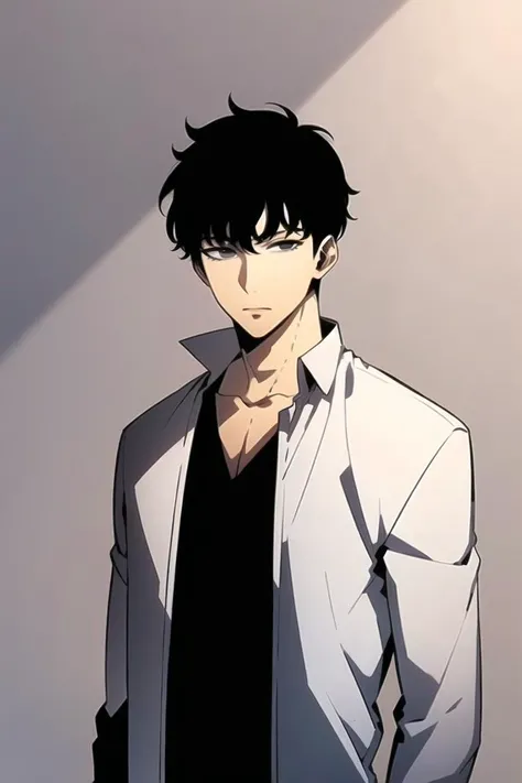 <lora:Solo Levelling v2-000004:0.7>,1boy, black hair, short hair, grey eyes, detailed eyes,solo focus, simple background, male focus, solo, standing, sung jinwoo, portrait,, (masterpiece:1.0), (best quality:1.0), (8k wallpaper:1.0), (beautiful detailed face:1.0), (detailed deep eyes), deep eyes,looking at viewer,