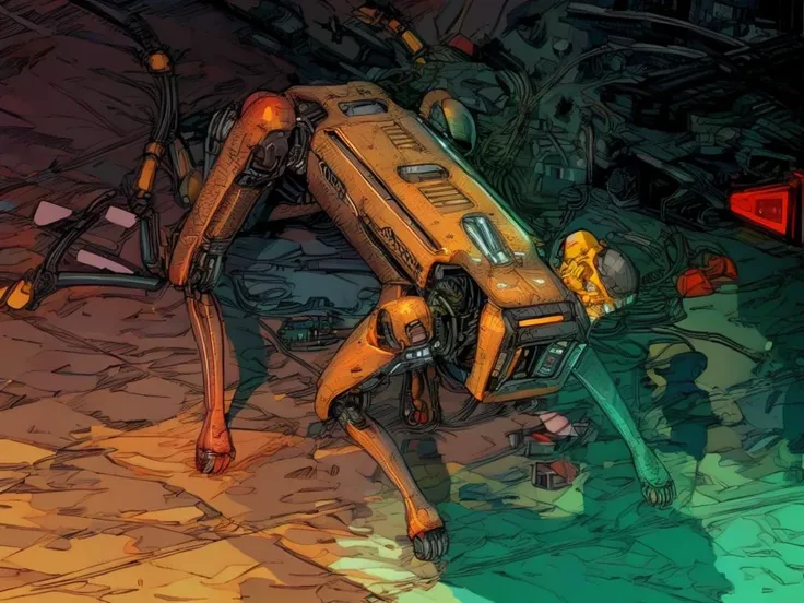 cybernetic robot cyberpunk style, full body, solo, reelmech, hightech_robotics, yellow color Boston Dynamics, crawling on all fours in cyberpunk 2077_style fast food restaurant, indoor, (carrying a holographic sign that says "DOGMEAT":1.3), android-seams, led glowing, neon sign, ApuMeme, lying, water on ground, reflective water, on stomach, (food, spill, crying, shadow, tearing up, on floor, cup, wires, cables, battery:1.3), dynamic_shadow, Fish-Eye Lens angle, from above shot, dystopian, futuristic, digital, vibrant, detailed, high contrast, reminiscent of cyberpunk genre, android, AI, machine, metal, tech, highly detailed <lora:robot-seams:0.8> <lora:reelmech1v2:0.6> <lora:UIAxg1.0:1> <lora:more_details:0.8> <lora:ApuSpillsHisTendiesMeme:1.2>