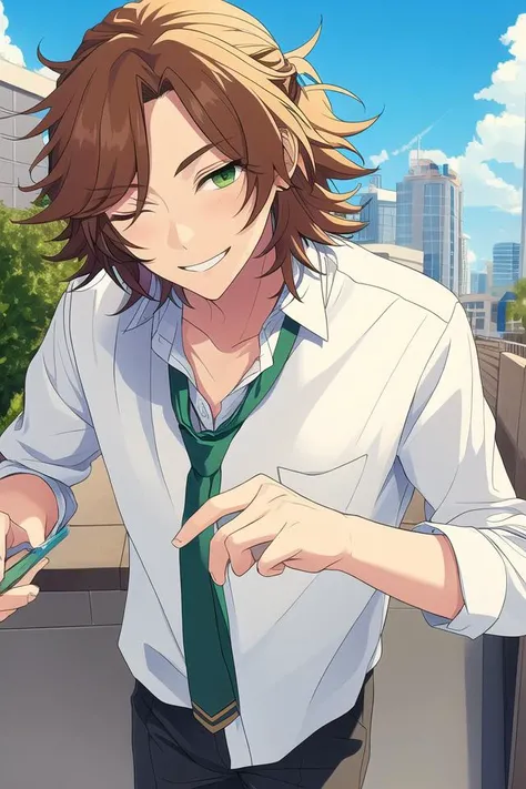 masterpiece, best quality, absurdres, cute, ultra-detailed, perfect anatomy, outdoors, <lora:ensemble stars-000050:0.6>, mikejima madara, ensemble stars, solo, smile, brown hair, 1boy, green eyes, male focus, one eye closed, necktie
