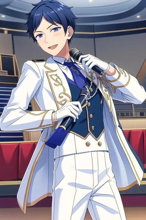 masterpiece, best quality, absurdres, cute, ultra-detailed, perfect anatomy, <lora:ensemble stars-000050:0.6>, ensemble stars, indoors, fushimi yuzuru, smile, gloves, blue hair, male focus, white gloves, white footwear, white pants, hidaka hokuto, blue eyes, gloves, male focus, microphone, idol, 2boys