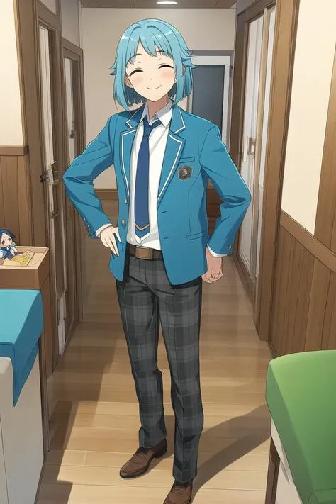 masterpiece, best quality, absurdres, cute, ultra-detailed, perfect anatomy, <lora:ensemble stars-000050:0.6>, ensemble stars, indoors, tenma mitsuru, smile, brown hair, sitting, jacket, closed eyes, male focus, character doll, paint splatter on face, shino hajime, smile, shirt, school uniform, blue hair, purple eyes, jacket, male focus, necktie, pants, hand on hip, blue jacket, blue necktie, plaid pants, 2boys