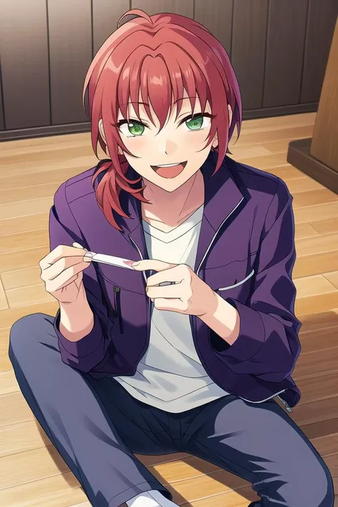 masterpiece, best quality, absurdres, cute, ultra-detailed, <lora:ensemble_stars:0.6>, tsukinaga leo, ensemble stars, solo, looking at viewer, smile, open mouth, 1boy, holding, sitting, jacket, male focus, pants, purple jacket