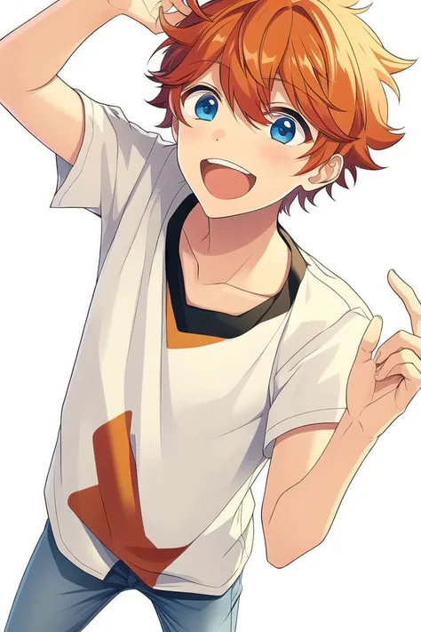 masterpiece, best quality, absurdres, cute, ultra-detailed, perfect anatomy, <lora:ensemble stars-000050:0.6>, akehoshi subaru, ensemble stars, solo, smile, open mouth, blue eyes, simple background, shirt, 1boy, white background, male focus, pants, orange hair