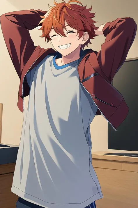 masterpiece, best quality, absurdres, cute, ultra-detailed, <lora:ensemble_stars:0.6>, akehoshi subaru, ensemble stars, solo, looking at viewer, smile, 1boy, jacket, male focus, one eye closed, hood, grin, arms behind head, grey shirt, indoors,