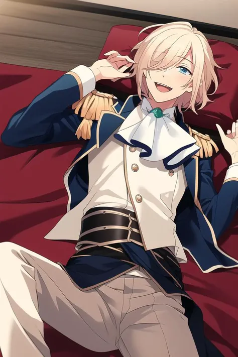 masterpiece, best quality, absurdres, cute, ultra-detailed, <lora:ensemble_stars:0.6>, tenshouin eichi, ensemble stars, solo, smile, open mouth, 1boy, male focus, lying, on back, hair over one eye, ascot, eyes visible through hair, epaulettes, indoors,
