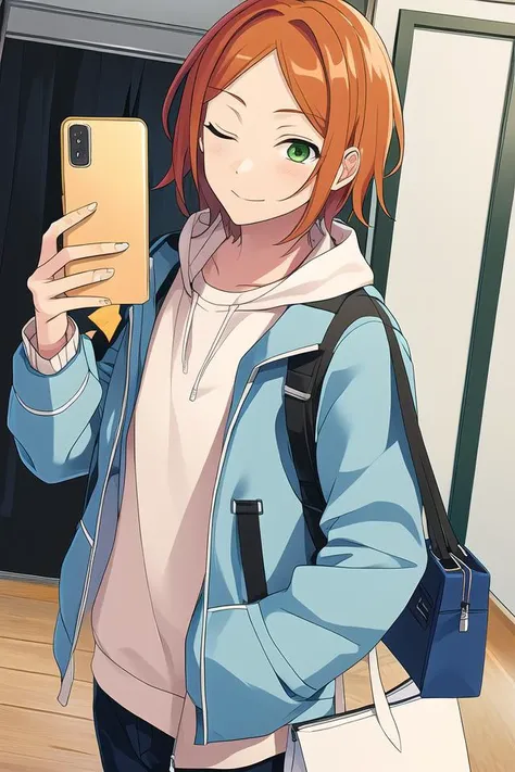 masterpiece, best quality, absurdres, cute, ultra-detailed, <lora:ensemble_stars:0.6>, aoi hinata, ensemble stars, solo, 1boy, jacket, male focus, one eye closed, bag, phone, cellphone, smartphone, selfie, indoors,