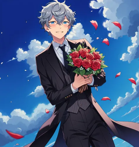 <lora:ensemble stars:0.6>,Sena izumi, male focus, 1boy, solo, grey hair,blue eyes rose, necktie, petals, blushing, smile,black tuxedo,masterpiece, best quality, detailed eyes,wind, detailed face, detailed hair, depth of field, unity 8k wallpaper, 