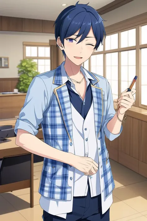 masterpiece, best quality, absurdres, cute, ultra-detailed, perfect anatomy, <lora:ensemble stars-000050:0.6>, ensemble stars, indoors, fushimi yuzuru, jewelry, blue hair, male focus, open clothes, hidaka hokuto, blue eyes, male focus, one eye closed, idol, 2boys