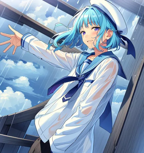 <lora:ensemble stars:0.6>,Shino Hajime, male focus, 1boy, solo, blue hair, purple eyes , necktie, blushing, parted lips, smile, sailor collar, hat,looking at viewer,rain,masterpiece, best quality, detailed eyes,wind, detailed face, detailed hair, detailed background, cloud,rainy sky, depth of field, unity 8k wallpaper,  
