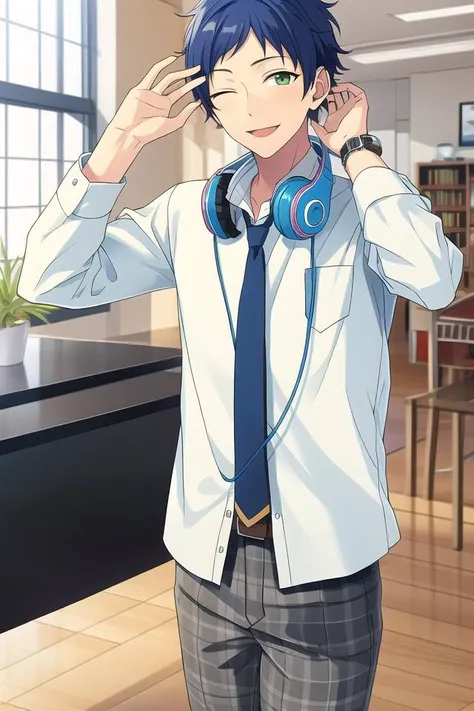 masterpiece, best quality, absurdres, cute, ultra-detailed, perfect anatomy, <lora:ensemble stars-000050:0.6>, ensemble stars, indoors, fushimi yuzuru, ensemble stars, looking at viewer, smile, shirt, blue hair, male focus, necktie, belt, watch, blue necktie, plaid pants, aoi yuta, ensemble stars, green eyes, male focus, one eye closed, orange hair, headphones
