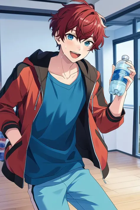 masterpiece, best quality, absurdres, cute, ultra-detailed, <lora:ensemble_stars:0.6>, amagi hiiro, ensemble stars, solo, looking at viewer, smile, open mouth, 1boy, holding, jacket, male focus, sweat, open clothes, pants, open jacket, bottle, water bottle, indoors,