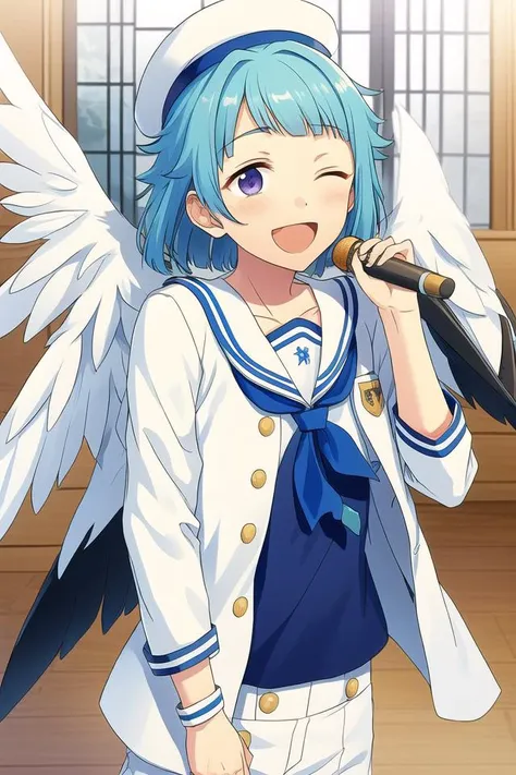 masterpiece, best quality, absurdres, cute, ultra-detailed, perfect anatomy, <lora:ensemble stars-000050:0.6>, ensemble stars, indoors, tenma mitsuru, smile, brown hair, male focus, one eye closed, shino hajime, open mouth, hat, blue hair, purple eyes, male focus, wings, sailor collar, microphone, 2boys