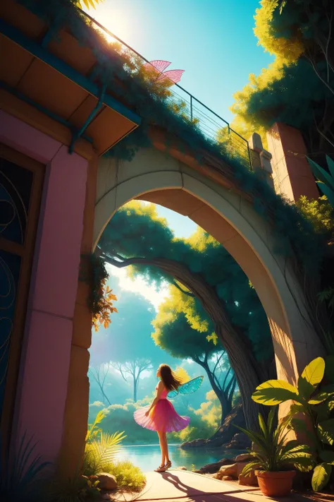 1girl, awardwinning Digital artwork, award winning, intricate details, top-down view of a Unpredictable Charred Turquoise and Lemon ("Easy like Sunday morning.":1.3) , Futuristic Tunnel in background, Senegalese jungle with Oak tree, at Sunset, horizon-centered, [ (comics art designed by Alex Maleev:1.3) : (Jeremy Dale:0.9) : (Zeng Chuangxing:1.0) : (Gerard ter Borch:0.9) :15], Simple illustration, Happy, fairy tale, K-pop, Dramatic spotlight, 35mm, Dichromatic, deep green and fluorescent pink fractal art, matte, dslr, pixiv