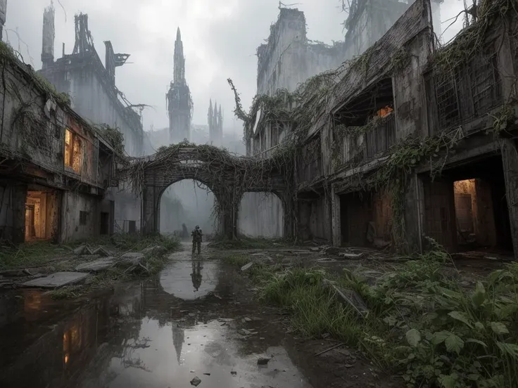 masterpiece,ultra-detailed,8k resolution,post-apocalyptic fantasy,lone warrior in battle-worn armor,standing amidst ruins,holding a glowing enchanted sword,aura of magic,devastated cityscape,overgrown with fantastical flora,remnants of ancient technology,ethereal light piercing through dense clouds,scavenger creatures lurking,reflections in puddles of rainwater,subtle mystical runes on armor,charred remnants of dragon wings in the background,contrast of nature reclaiming civilization,vibrant moss and flowers on concrete,distant view of a shattered moon,cascading waterfalls from floating islands,dilapidated robots entwined with vines,prophetic inscriptions on walls,survivalist band at the warrior's side,intricately designed mechanical steed,tattered banners fluttering,ambient glow from fissures in the ground,remnants of arcane rituals,shadowed figures observing from the foreground,symphony of survival and decay,<lora:add_detail:1>,