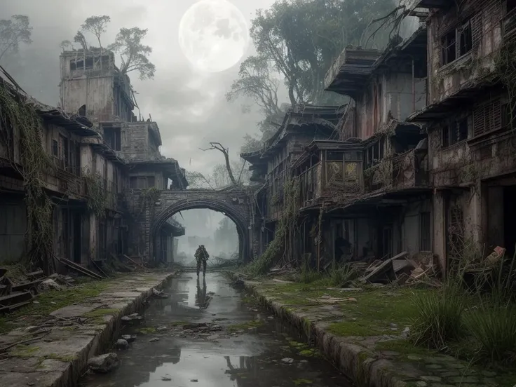 masterpiece,ultra-detailed,8k resolution,post-apocalyptic fantasy,lone warrior in battle-worn armor,standing amidst ruins,holding a glowing enchanted sword,aura of magic,devastated cityscape,overgrown with fantastical flora,remnants of ancient technology,ethereal light piercing through dense clouds,scavenger creatures lurking,reflections in puddles of rainwater,subtle mystical runes on armor,charred remnants of dragon wings in the background,contrast of nature reclaiming civilization,vibrant moss and flowers on concrete,distant view of a shattered moon,cascading waterfalls from floating islands,dilapidated robots entwined with vines,prophetic inscriptions on walls,survivalist band at the warrior's side,intricately designed mechanical steed,tattered banners fluttering,ambient glow from fissures in the ground,remnants of arcane rituals,shadowed figures observing from the foreground,symphony of survival and decay,<lora:add_detail:1>,