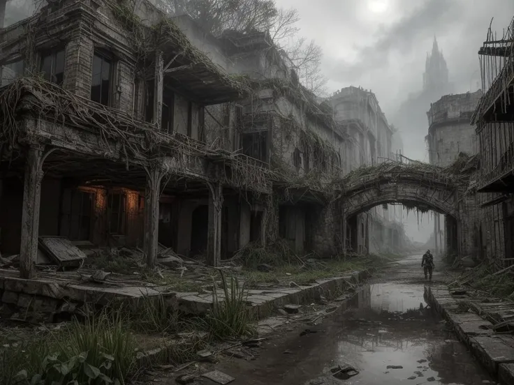 masterpiece,ultra-detailed,8k resolution,post-apocalyptic fantasy,lone warrior in battle-worn armor,standing amidst ruins,holding a glowing enchanted sword,aura of magic,devastated cityscape,overgrown with fantastical flora,remnants of ancient technology,ethereal light piercing through dense clouds,scavenger creatures lurking,reflections in puddles of rainwater,subtle mystical runes on armor,charred remnants of dragon wings in the background,contrast of nature reclaiming civilization,vibrant moss and flowers on concrete,distant view of a shattered moon,cascading waterfalls from floating islands,dilapidated robots entwined with vines,prophetic inscriptions on walls,survivalist band at the warrior's side,intricately designed mechanical steed,tattered banners fluttering,ambient glow from fissures in the ground,remnants of arcane rituals,shadowed figures observing from the foreground,symphony of survival and decay,<lora:add_detail:1>,