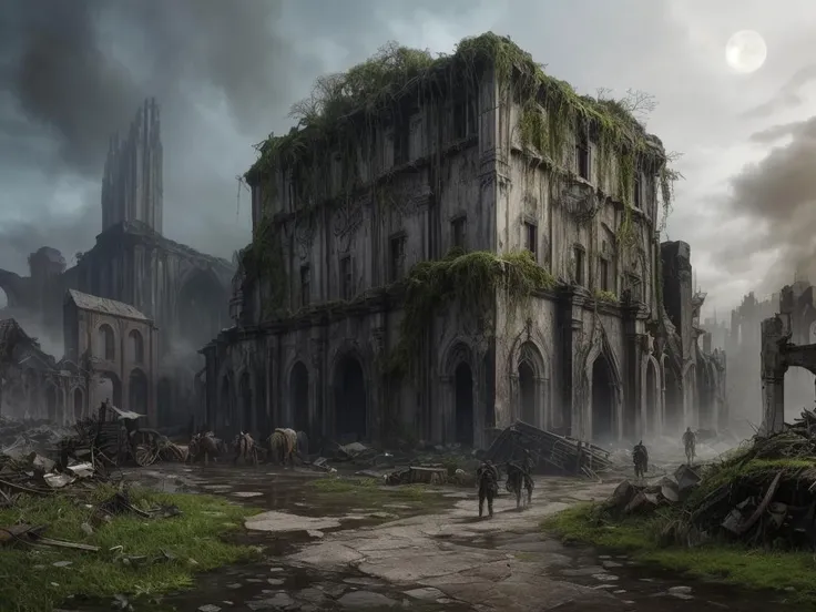 masterpiece,ultra-detailed,8k resolution,post-apocalyptic fantasy,lone warrior in battle-worn armor,standing amidst ruins,holding a glowing enchanted sword,aura of magic,devastated cityscape,overgrown with fantastical flora,remnants of ancient technology,ethereal light piercing through dense clouds,scavenger creatures lurking,reflections in puddles of rainwater,subtle mystical runes on armor,charred remnants of dragon wings in the background,contrast of nature reclaiming civilization,vibrant moss and flowers on concrete,distant view of a shattered moon,cascading waterfalls from floating islands,dilapidated robots entwined with vines,prophetic inscriptions on walls,survivalist band at the warrior's side,intricately designed mechanical steed,tattered banners fluttering,ambient glow from fissures in the ground,remnants of arcane rituals,shadowed figures observing from the foreground,symphony of survival and decay,<lora:add_detail:1>,