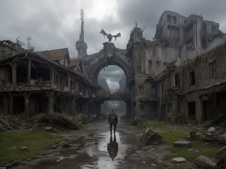 masterpiece,ultra-detailed,8k resolution,post-apocalyptic fantasy,lone warrior in battle-worn armor,standing amidst ruins,holding a glowing enchanted sword,aura of magic,devastated cityscape,overgrown with fantastical flora,remnants of ancient technology,ethereal light piercing through dense clouds,scavenger creatures lurking,reflections in puddles of rainwater,subtle mystical runes on armor,charred remnants of dragon wings in the background,contrast of nature reclaiming civilization,vibrant moss and flowers on concrete,distant view of a shattered moon,cascading waterfalls from floating islands,dilapidated robots entwined with vines,prophetic inscriptions on walls,survivalist band at the warrior's side,intricately designed mechanical steed,tattered banners fluttering,ambient glow from fissures in the ground,remnants of arcane rituals,shadowed figures observing from the foreground,symphony of survival and decay,<lora:add_detail:1>,