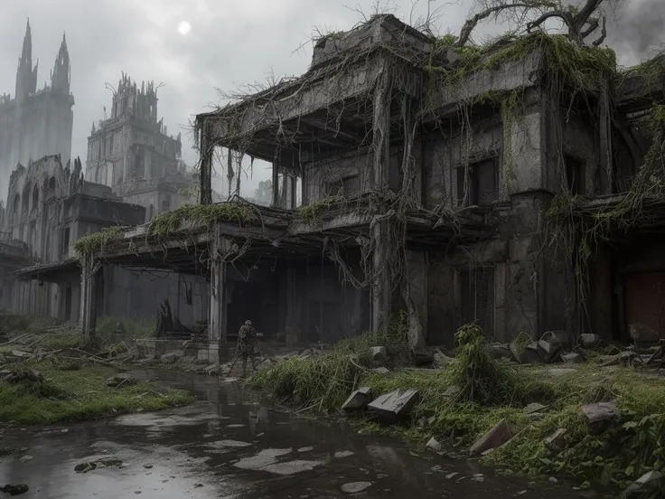 masterpiece,ultra-detailed,8k resolution,post-apocalyptic fantasy,lone warrior in battle-worn armor,standing amidst ruins,holding a glowing enchanted sword,aura of magic,devastated cityscape,overgrown with fantastical flora,remnants of ancient technology,ethereal light piercing through dense clouds,scavenger creatures lurking,reflections in puddles of rainwater,subtle mystical runes on armor,charred remnants of dragon wings in the background,contrast of nature reclaiming civilization,vibrant moss and flowers on concrete,distant view of a shattered moon,cascading waterfalls from floating islands,dilapidated robots entwined with vines,prophetic inscriptions on walls,survivalist band at the warrior's side,intricately designed mechanical steed,tattered banners fluttering,ambient glow from fissures in the ground,remnants of arcane rituals,shadowed figures observing from the foreground,symphony of survival and decay,<lora:add_detail:1>,