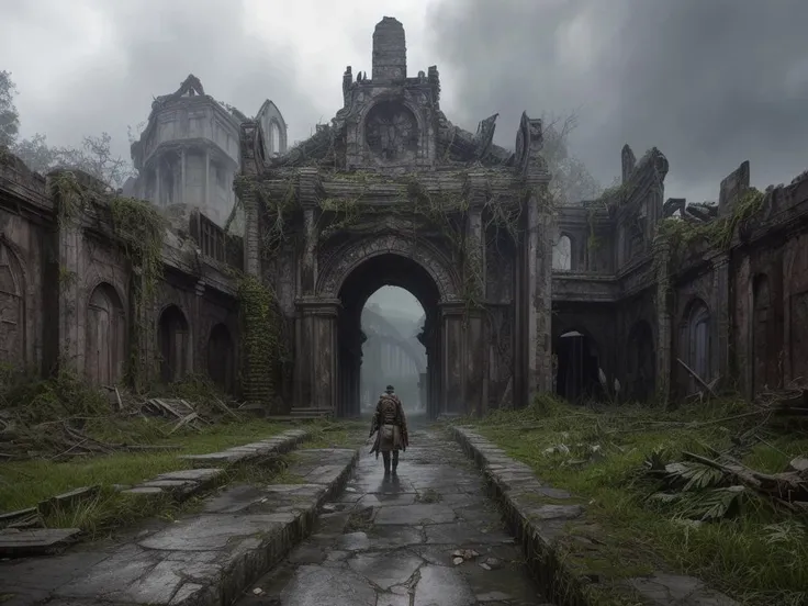 masterpiece,ultra-detailed,8k resolution,post-apocalyptic fantasy,lone warrior in battle-worn armor,standing amidst ruins,holding a glowing enchanted sword,aura of magic,devastated cityscape,overgrown with fantastical flora,remnants of ancient technology,ethereal light piercing through dense clouds,scavenger creatures lurking,reflections in puddles of rainwater,subtle mystical runes on armor,charred remnants of dragon wings in the background,contrast of nature reclaiming civilization,vibrant moss and flowers on concrete,distant view of a shattered moon,cascading waterfalls from floating islands,dilapidated robots entwined with vines,prophetic inscriptions on walls,survivalist band at the warrior's side,intricately designed mechanical steed,tattered banners fluttering,ambient glow from fissures in the ground,remnants of arcane rituals,shadowed figures observing from the foreground,symphony of survival and decay,<lora:add_detail:1>,