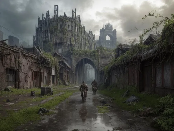 masterpiece,ultra-detailed,8k resolution,post-apocalyptic fantasy,lone warrior in battle-worn armor,standing amidst ruins,holding a glowing enchanted sword,aura of magic,devastated cityscape,overgrown with fantastical flora,remnants of ancient technology,ethereal light piercing through dense clouds,scavenger creatures lurking,reflections in puddles of rainwater,subtle mystical runes on armor,charred remnants of dragon wings in the background,contrast of nature reclaiming civilization,vibrant moss and flowers on concrete,distant view of a shattered moon,cascading waterfalls from floating islands,dilapidated robots entwined with vines,prophetic inscriptions on walls,survivalist band at the warrior's side,intricately designed mechanical steed,tattered banners fluttering,ambient glow from fissures in the ground,remnants of arcane rituals,shadowed figures observing from the foreground,symphony of survival and decay,<lora:add_detail:1>,