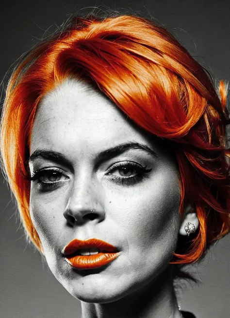 analog style, modelshoot style, portrait of sks woman by Flora Borsi, style by Flora Borsi, bold, bright colours, orange Mohawk haircut, ((Flora Borsi)), <lora:locon_lindsay_v1_from_v1_64_32:1.3>