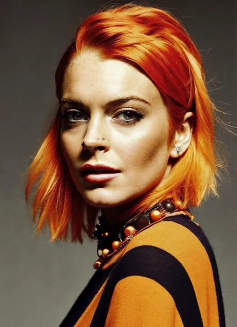analog style, modelshoot style, portrait of sks woman by Flora Borsi, style by Flora Borsi, bold, bright colours, orange Mohawk haircut, ((Flora Borsi)), <lora:locon_lindsay_v1_from_v1_64_32:1.3>