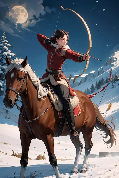 1girl, mounted archery, archery, horseback riding , horse, snowing, ((moon night)), masterpiece, best quality, 8k, outdoors, Ancient Chinese fortresses background, city walls, desert, snow,(late night), bow \(weapon\), arrow (projectile), drawing bow, aiming, holding weapon, holding bow (weapon), holding, <lora:GoodHands-vanilla:1> ,<lora:mounted_archery_v1:0.8>