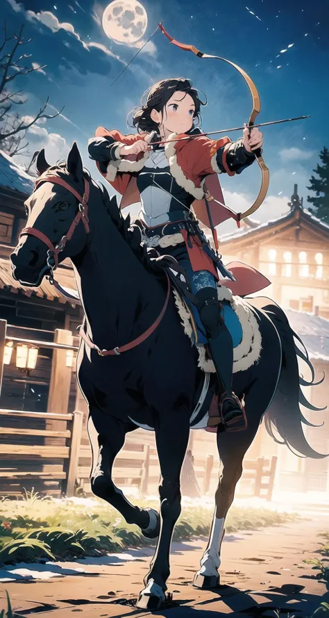 (Masterpiece:1.2, high quality),cozy anime,<lora:cozy anime_20230630155224:0.7>,1girl,mounted archery,archery,horseback riding,horse,cape,armor,((moon night)),masterpiece,best quality,8k,outdoors,Ancient Chinese fortresses background,city walls,grass,snow,(late night),bow \(weapon\),arrow (projectile),drawing bow,aiming,holding weapon,holding bow (weapon),holding,<lora:mounted_archery_v1:1>,