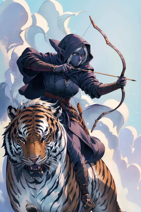 8k,1girl,close-up,hooded cloak,mounted archery,drawing bow,aiming,<lora:mounted_archery_v1-000018>,<lora:drow_offset:0.8>,drow,dark elf,colored skin,dark skin,blue skin,grey skin,pointy ears,(tiger:1.1),riding a tiger,, (masterpiece, best quality, high quality, highres, ultra-detailed),