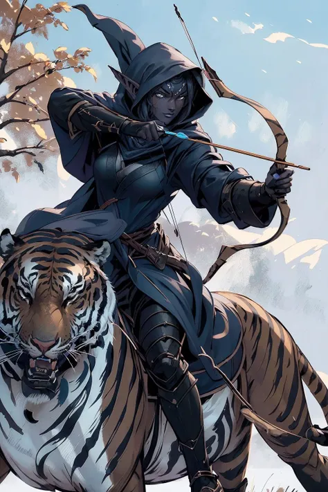 8k,1girl,close-up,hooded cloak,mounted archery,drawing bow,aiming,<lora:mounted_archery_v1-000018>,<lora:drow_offset:0.8>,drow,dark elf,colored skin,dark skin,blue skin,grey skin,pointy ears,(tiger:1.1),riding a tiger,, (masterpiece, best quality, high quality, highres, ultra-detailed),