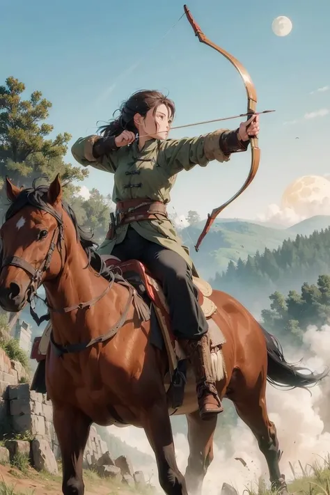 1girl, mounted archery, archery, horseback riding , horse, fire, ((moon night)), masterpiece, best quality, 8k, outdoors, Ancient Chinese fortresses background, city walls, grass, snow,(late night), 
Bloody battleground, crumbling ruins, scattered weapons, fallen soldiers, war-torn landscape, echoes of conflict, ancient battleground, battle-scarred terrain, war remnants, historical battleground, remnants of war, 
bow \(weapon\), arrow (projectile), drawing bow, aiming, holding weapon, holding bow (weapon), holding