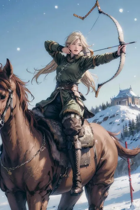 1girl, mounted archery, archery, horseback riding , horse, snowing, ((moon night)), masterpiece, best quality, 8k, outdoors, Ancient Chinese fortresses background, city walls, desert, snow,(late night), 
bow \(weapon\), arrow (projectile), drawing bow, aiming, holding weapon, holding bow (weapon), holding