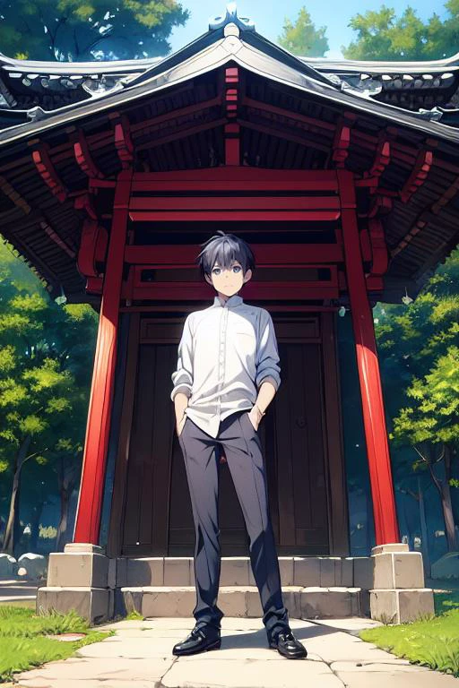 anime coloring, (masterpiece,best quality),1boy, solo,full body, architecture, east asian architecture, outdoors, standing,