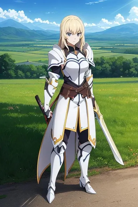 anime coloring, (masterpiece,best quality),1girl, solo,day,sunlight,full body, holding weapon, knight, armor, blonde hair,